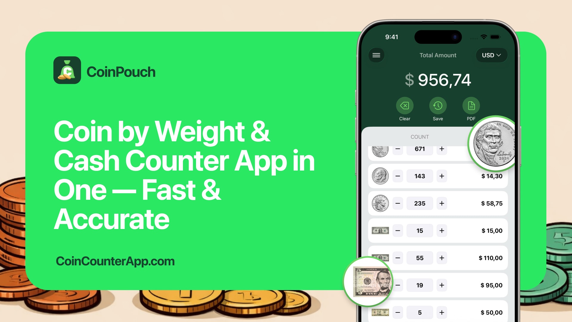 CoinPouch app screen showing combined coin and banknote totals