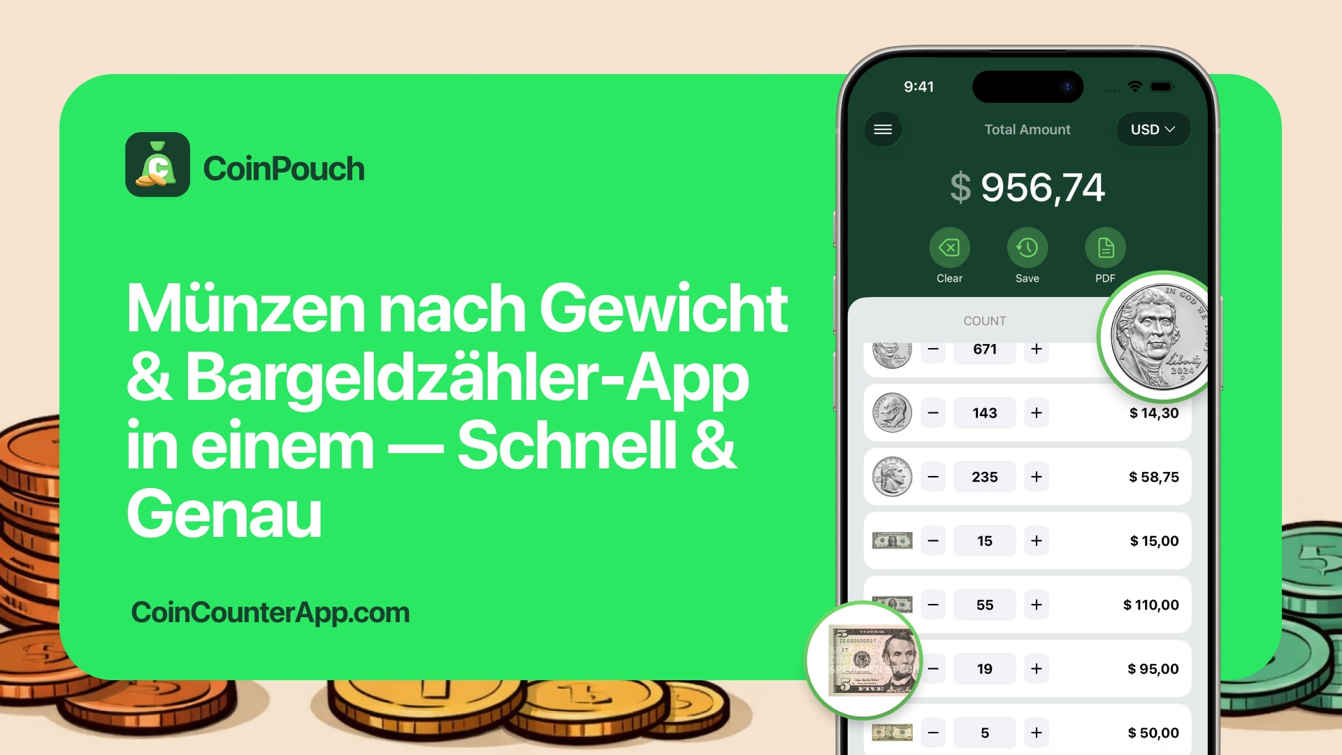 CoinPouch-Bildschirm mit kombinierter Münz- und Geldscheinsumme