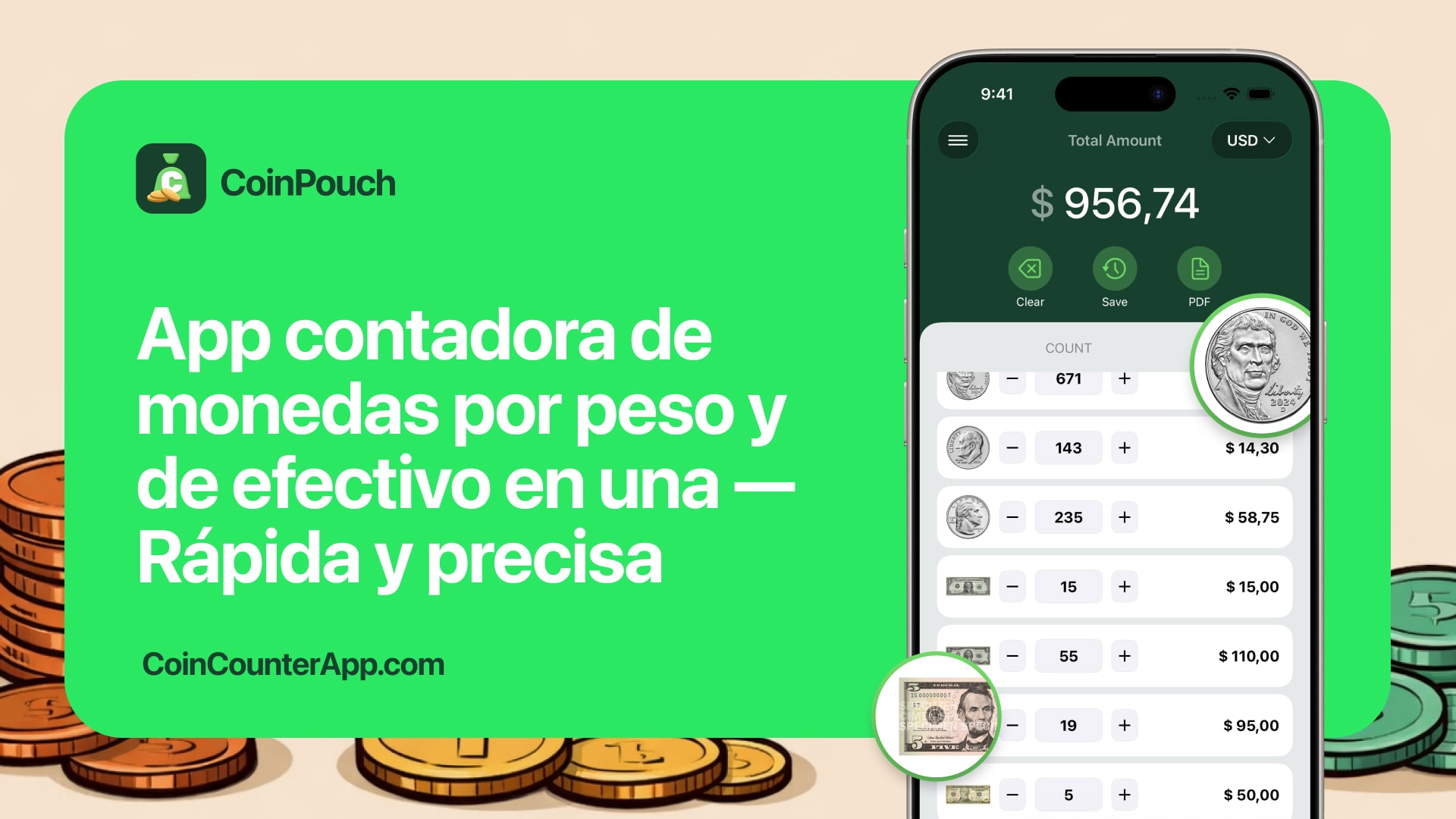 Pantalla de CoinPouch mostrando total combinado de monedas y billetes
