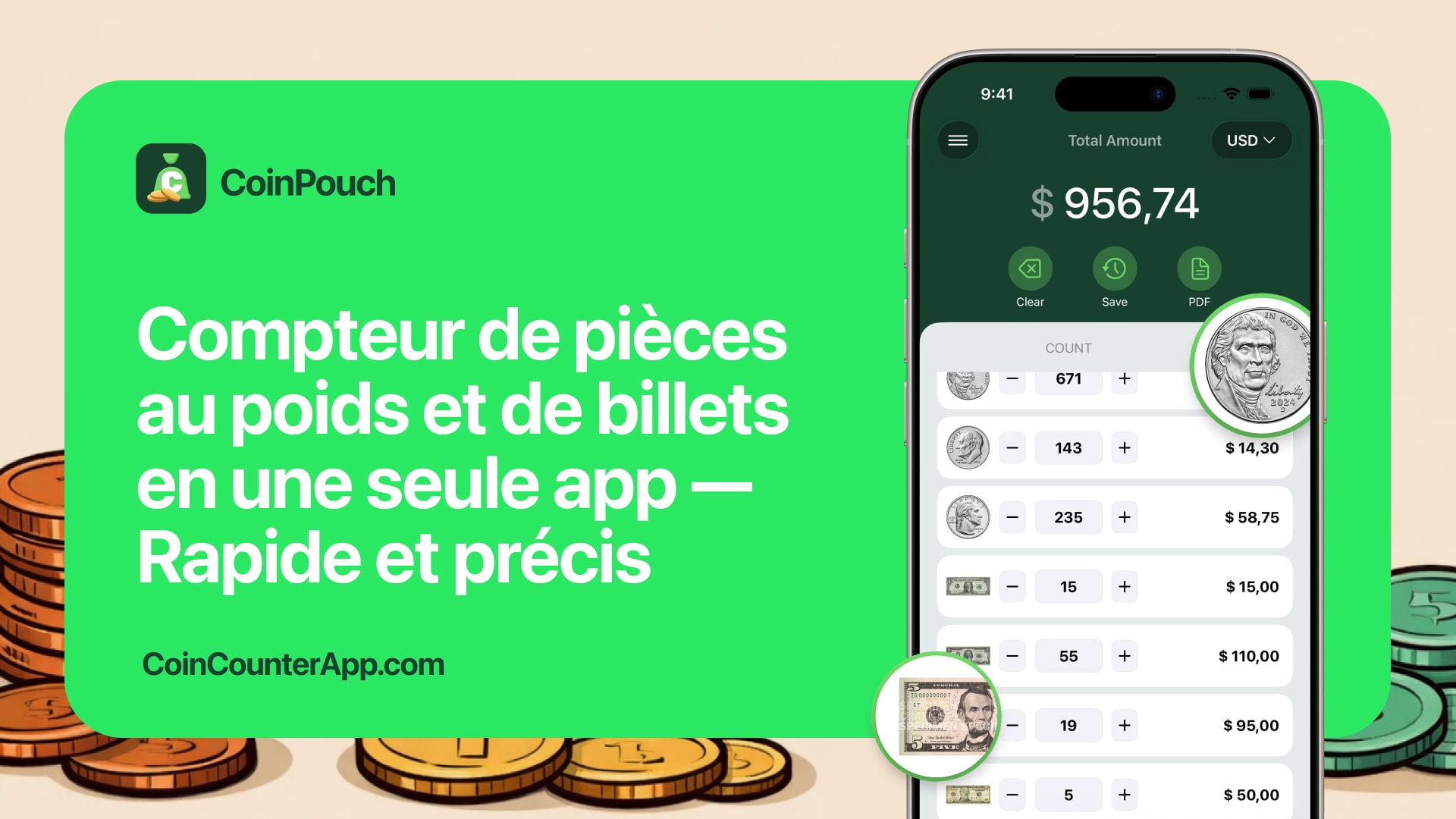 Écran CoinPouch montrant total combiné pièces et billets