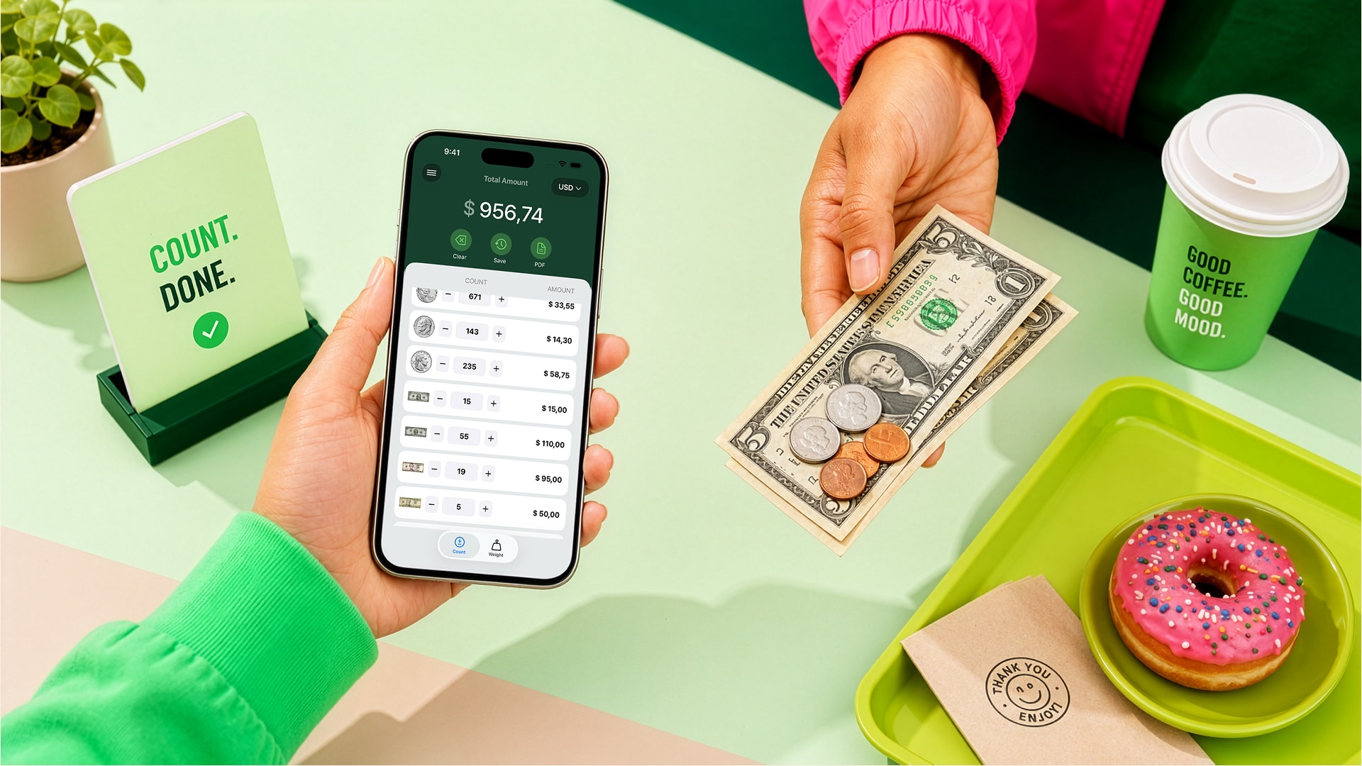 CoinPouch app in use — counting mixed coins on a kitchen scale