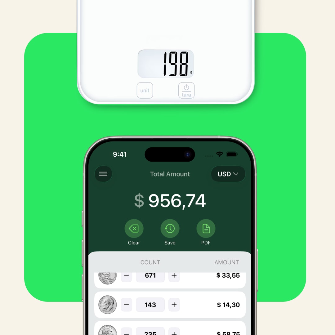 CoinPouch counting coins by weight on a digital scale