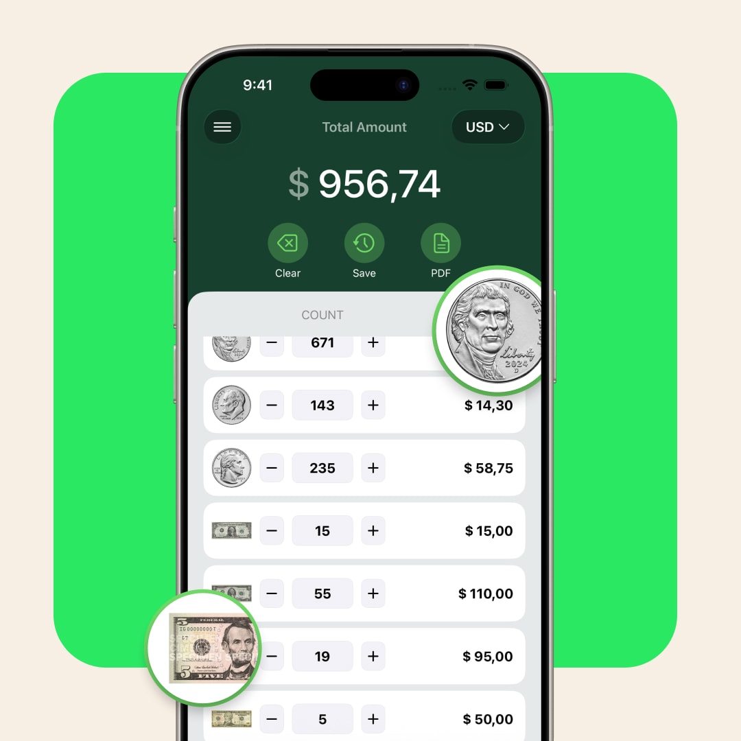 CoinPouch showing combined coin and cash totals