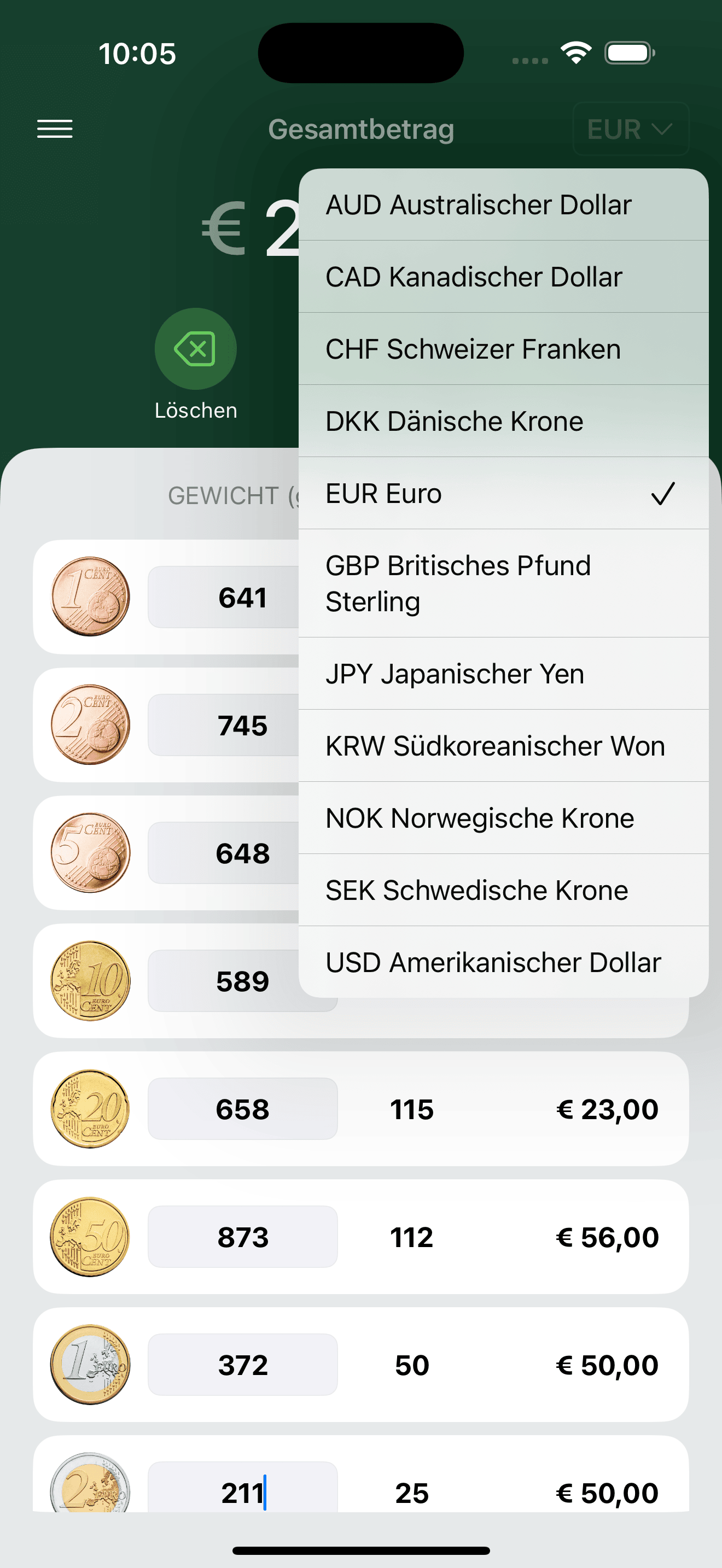 CoinPouch — Münzsumme nach Gewicht berechnen