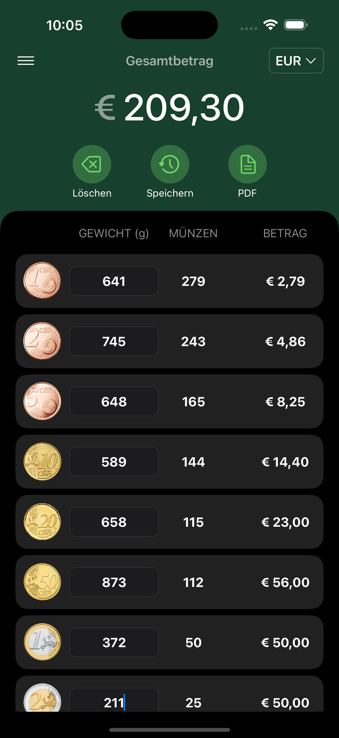 CoinPouch — Auswahl mehrerer Währungen