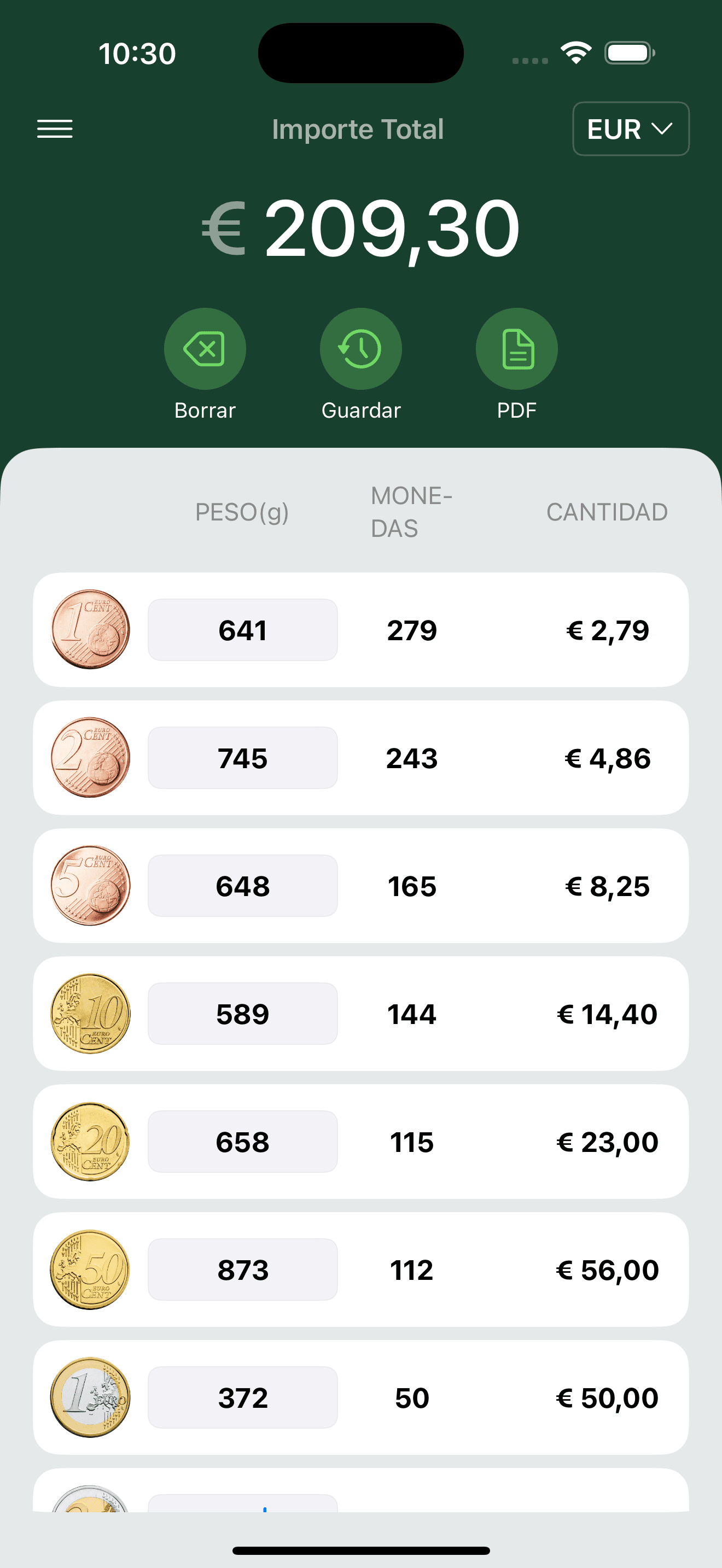 Pantalla principal de CoinPouch para iOS — contador de monedas