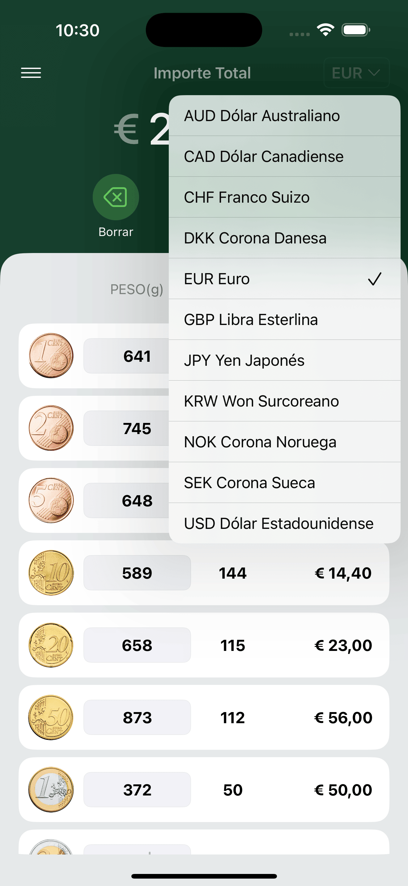 CoinPouch — cálculo de monedas por peso