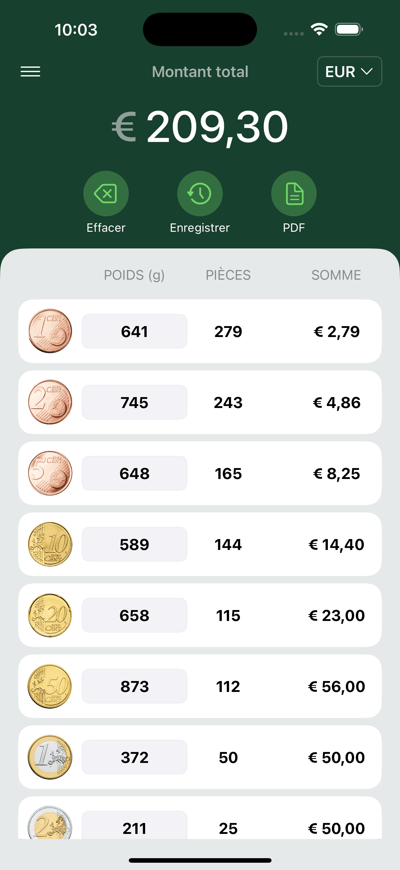 Écran d'accueil CoinPouch iOS — compteur de pièces
