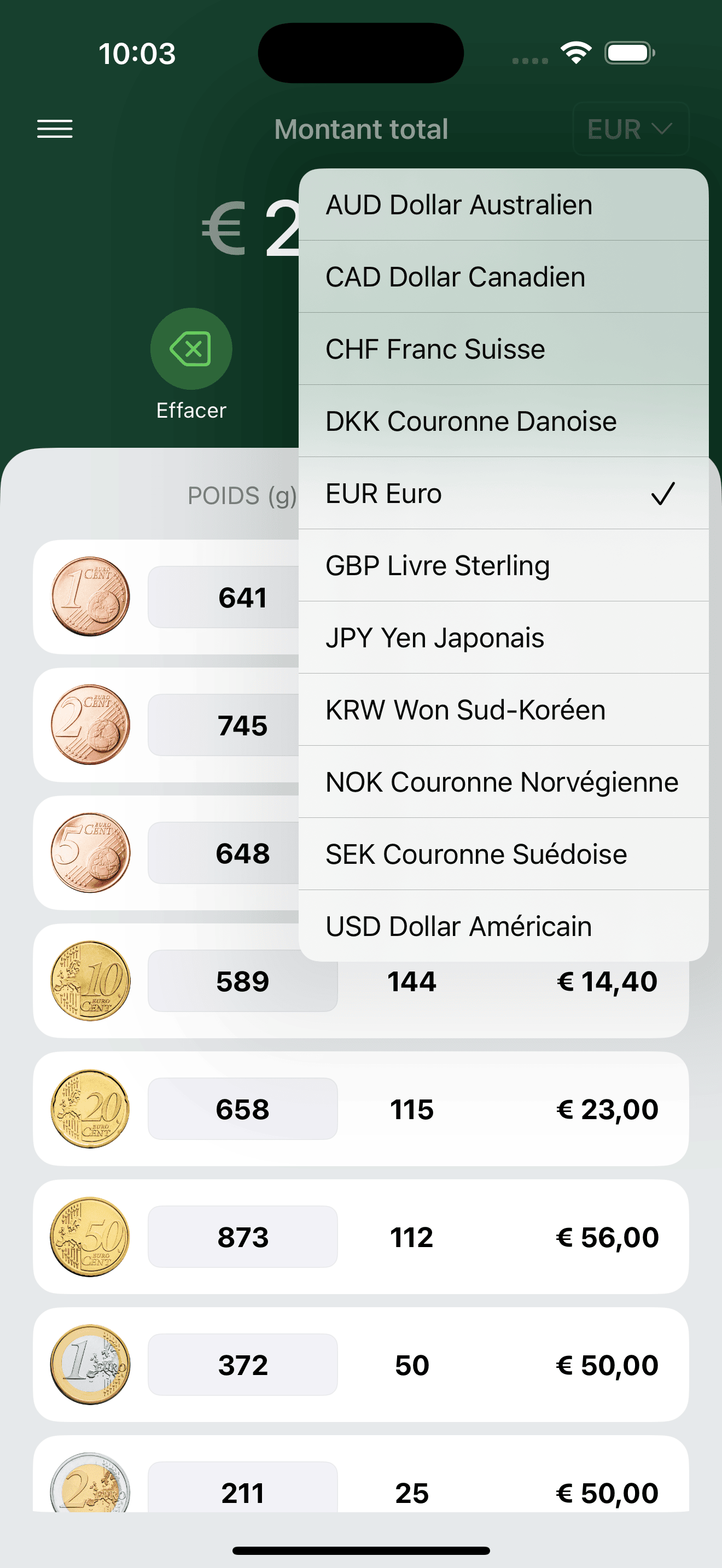 CoinPouch — calcul du total des pièces au poids